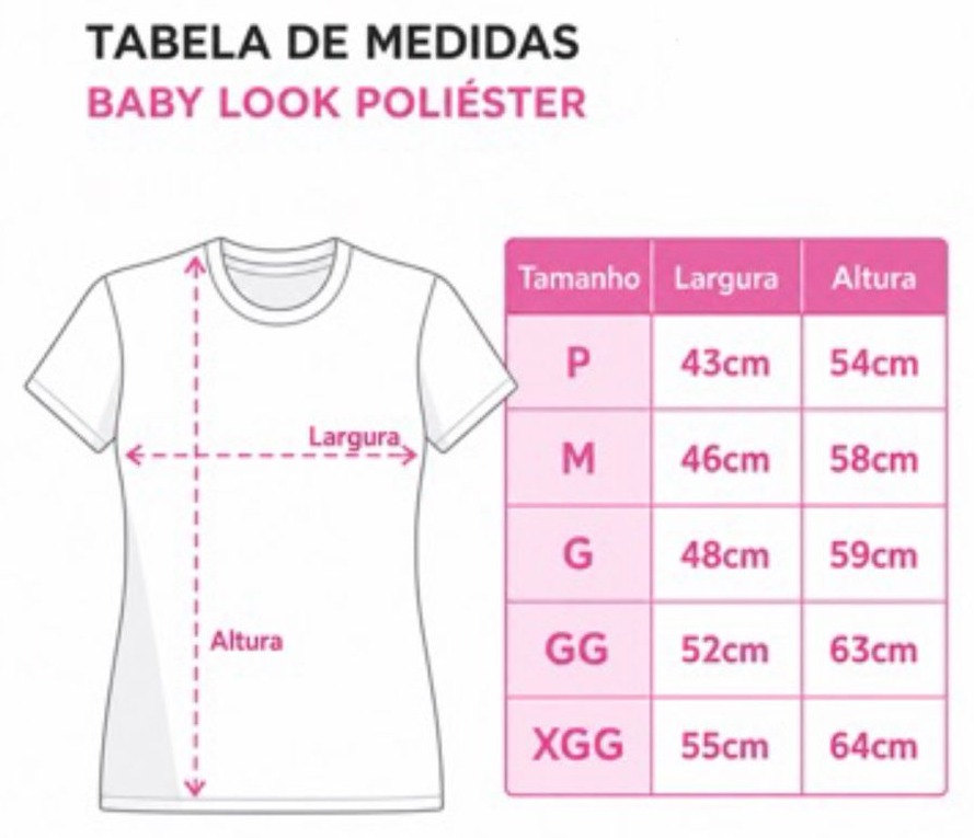 Tabela de medidas baby look poliéster